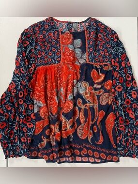 Bl^nk London Anthropologie Miranda Peasant Red Boho Eclectic Blouse Floral XL